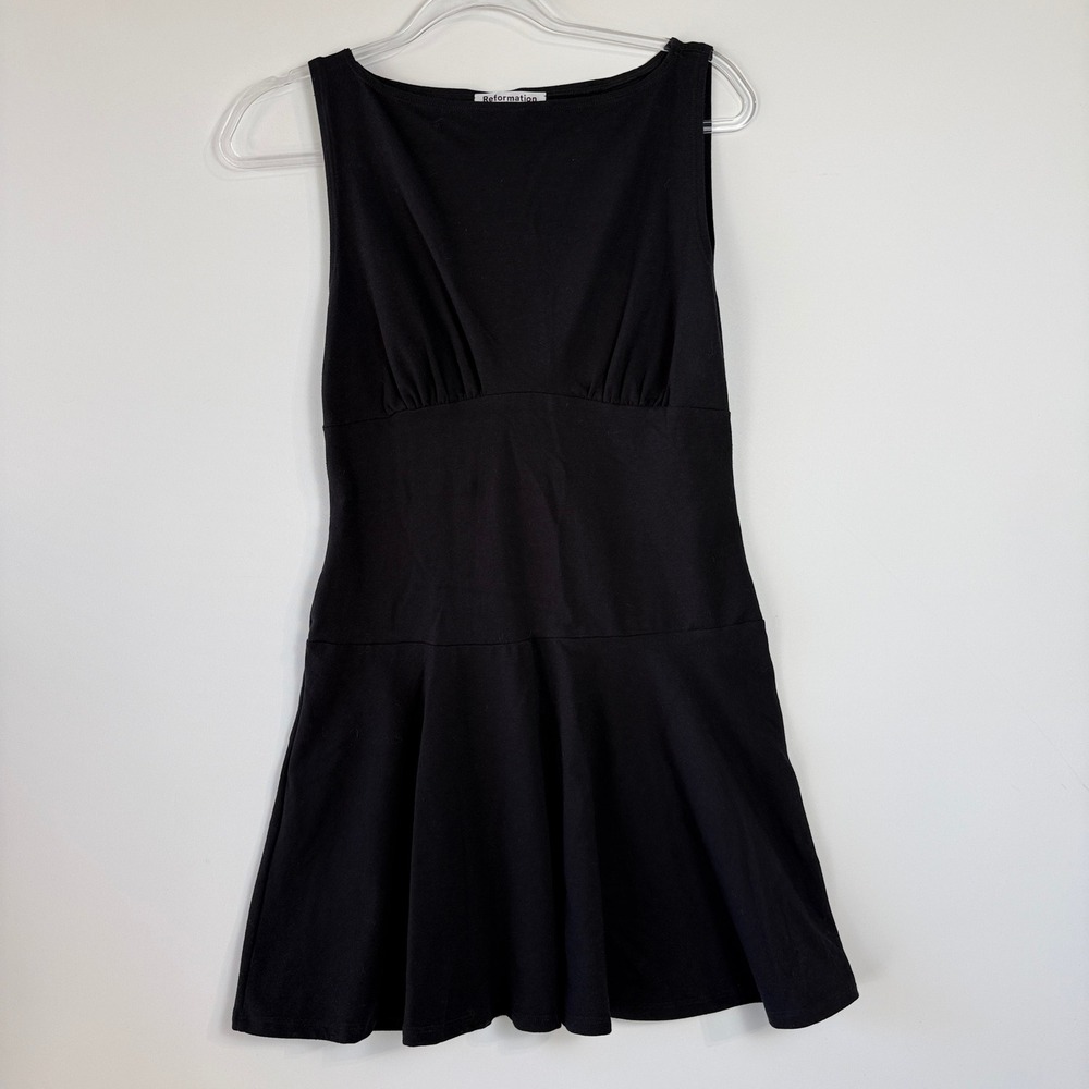Reformation Mayve Knit Dress Womens Medium Black Organic Cotton Ruched Mini LBD - Picture 2 of 12